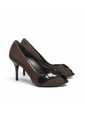 new Via Spiga ༄ Peep Toe Stiletto Heel Bow Pumps ༄ Suede Patent Leather ༄ Brown